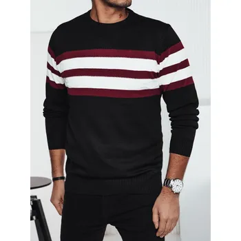 Pánský svetr Pánský černý svetr s pruhy DStreet černá | bílá | tmavě červená 3072208