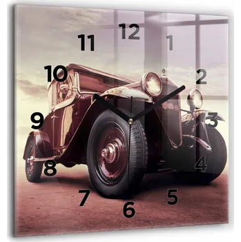 Hodiny Skleněné nástěnné hodiny do obýváku s motivem auta ve vintage stylu 60x60 cm
