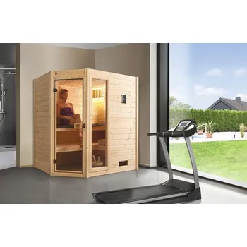 Sauna Finská sauna z masivního dřeva Weka Valida rohová GTF vel.1 vč. 5,4kW kamen a digitálního ovládání s oknem a celoskleněnými dveřmi z čirého skla