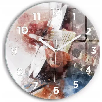 Hodiny Moderní skleněné nástěnné hodiny Vizualizace Kytary kulatý průměr 30 cm