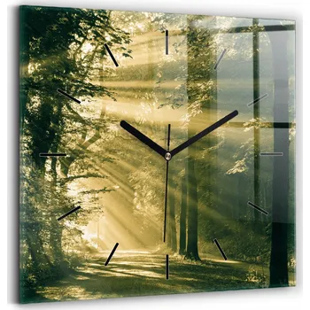 Hodiny Čtvercové skleněné nástěnné hodiny do kanceláře Sluneční paprsky Les 30x30 cm