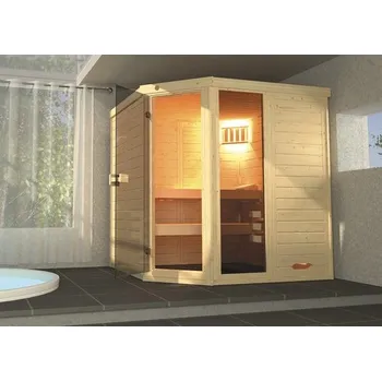 Sauna Bio sauna z masivního dřeva Laukkala vel.2 vč. 7,5kW bio kamen a digitálního ovládání s oknem a celoskleněnými dveřmi z čirého skla