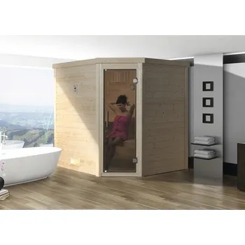 Sauna Finská sauna z masivního dřeva Weka Turku rohová set 1 vč. 7,5kW kamen a digitálního ovládání a grafitově šedými celoskleněnými dveřmi