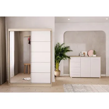 Obývací stěna Eoshop Šatní skříň Vis 05 + Komoda Dafri 01, Bílá / Dub Sonoma se zrcadlem, osvětlení: ne