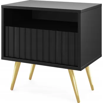 Noční stolek Noční stolek Bello se zásuvkou s lamelovým čelem, černý se zlatými nohami