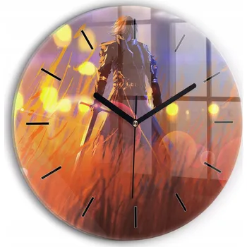 Hodiny Moderní skleněné hodiny s grafikou na zeď Rytíř s mečem kulatý průměr 30 cm