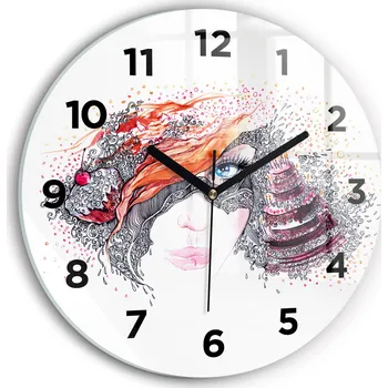 Hodiny Moderní skleněné hodiny s grafikou na zeď Sladká žena s dortem průměr 30 cm
