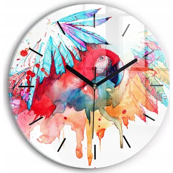 Hodiny Tiché skleněné nástěnné hodiny Barevná červená papoušek kulatý průměr 30 cm