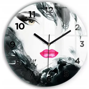 Hodiny Skleněné minimalistické hodiny nástěnné Portrét ženy červené rty průměr 30 cm