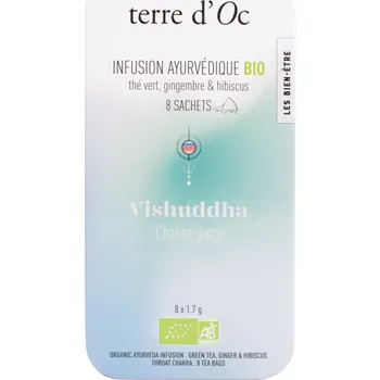 Čaj Terre d'Oc Vishuddha - Thé Vert, Gingembre & Hibiscus BIO Ajurvédský bylinný čaj, 8 čajových sáčků