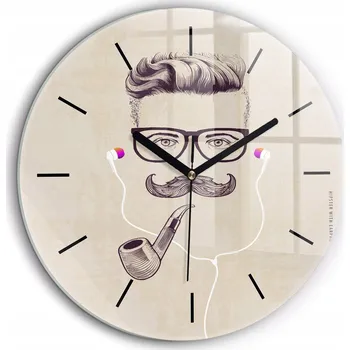 Hodiny Moderní skleněné nástěnné hodiny Muž s dýmkou, černé ručičky, průměr 60 cm