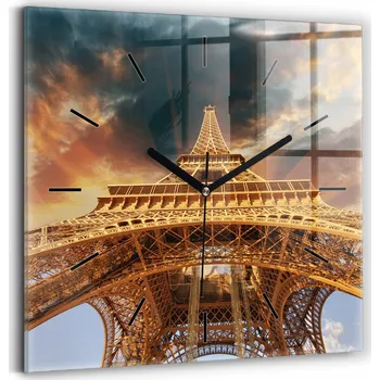 Hodiny Skleněné Hodiny s potiskem Nástěnné Tiché ručičky Eiffelova věž na pozadí mraků