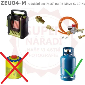 Plynová hadice Redukční set 7/16" ZEU04-M na PB láhve 5, 10 kg pro připojení kartušových vařičů, topidel SN, s manometrem (ZEU04-M set komponent pro připojení spotřebičů na kartuše 7/16" k plynovým láhvím 5 a 10 Kg (PB), regulátor s manometrem)