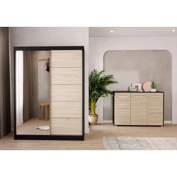 Obývací stěna Eoshop Šatní skříň Vis 05 + Komoda Dafri 01, Dub Sonoma / Černá se zrcadlem, osvětlení: ne