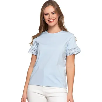 Bavlněné dámské triko modré s krajkou na rukávech S