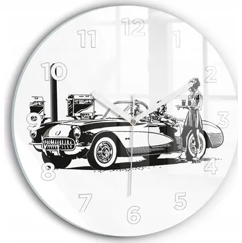 Hodiny Moderní skleněné hodiny s grafikou na zeď Retro Ilustrace kulatý průměr 30 cm