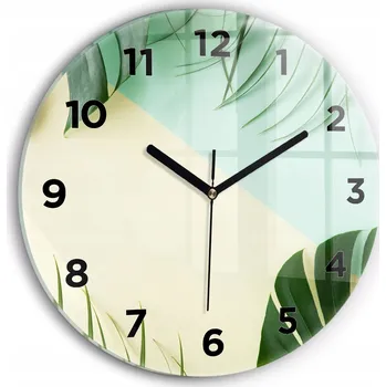 Hodiny Moderní skleněné hodiny s grafikou na zeď Listy Monstera kulatý průměr 30 cm