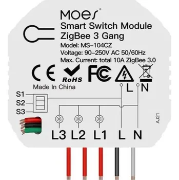 vypínač Moes WM-104C-MS - 3 kanálový mini WiFi spínač elektrických spotřebičů; AC 90-250V, Total 10A