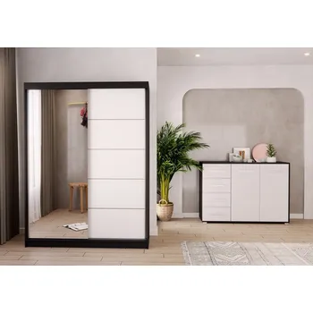 Obývací stěna Eoshop Šatní skříň Vis 05 + Komoda Dafri 01, Bílá / Černá se zrcadlem, osvětlení: ne
