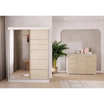 Obývací stěna Eoshop Šatní skříň Vis 05 + Komoda Dafri 01, Dub Sonoma / Bíla se zrcadlem, osvětlení: ne