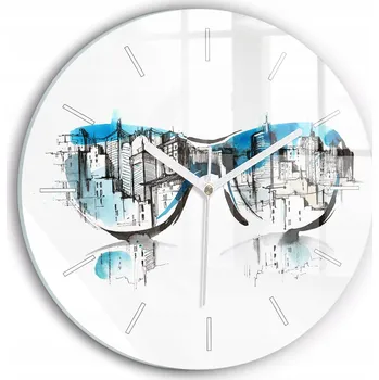 Hodiny Moderní skleněné nástěnné hodiny Město v brýlích kulatý průměr 30 cm
