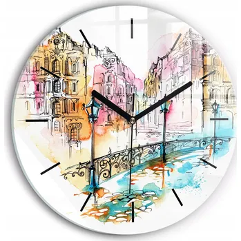 Hodiny Moderní skleněné foto hodiny na zeď Malovaná architektura kulatý průměr 30 cm