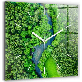 Hodiny Čtvercové Skleněné Nástěnné Hodiny do Obýváku s Motivem Řeka v Lese 30x30 cm