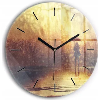 Hodiny Moderní skleněné nástěnné hodiny žena s deštníkem kulatý průměr 30 cm