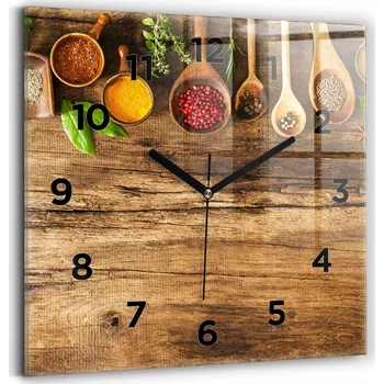 Hodiny Čtvercové Skleněné Nástěnné Hodiny do Kanceláře s Grafikou Koření (Lžíce) 30x30 cm
