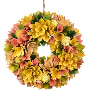 Věnec Jarní věnec z dřevěných kytiček žlutý Ø30 cm