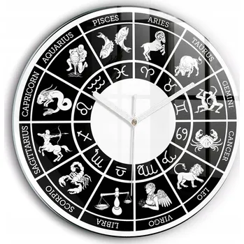 Hodiny Minimalistické Kulatý Skleněné Nástěnné Hodiny s Grafikou Znamení Zvěrokruhu fi60 cm