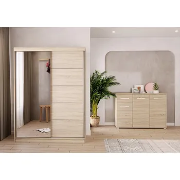 Obývací stěna Eoshop Šatní skříň Vis 05 + Komoda Dafri 01, Dub Sonoma se zrcadlem, osvětlení: ne