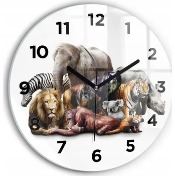 Hodiny Moderní skleněné nástěnné hodiny s grafikou Divoká zvířata kulatý průměr 30 cm