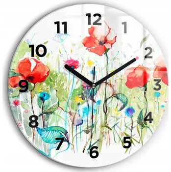 Hodiny Skleněné nástěnné hodiny do kanceláře se stylovým potiskem Květiny na louce průměr 60 cm