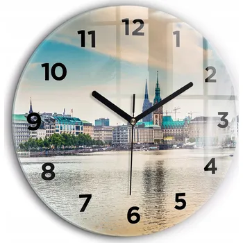 Hodiny Skleněné Kulatý nástěnné hodiny S Potiskem Binnenalster v Hamburku, průměr 60 cm