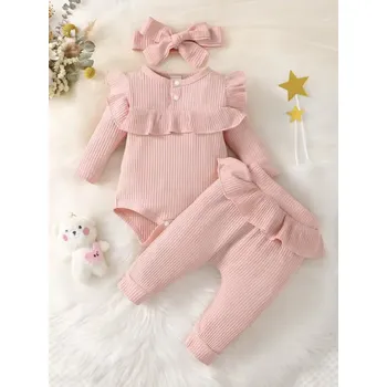 Kojenecká souprava 3-dílná dívčí kojenecká slavnostní souprava s volánky (růžová) Velikost: 6 měsíců