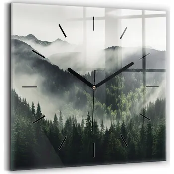Hodiny Čtvercové Skleněné Nástěnné Hodiny do Obýváku s Grafikou Lesní Krajina 30x30 cm