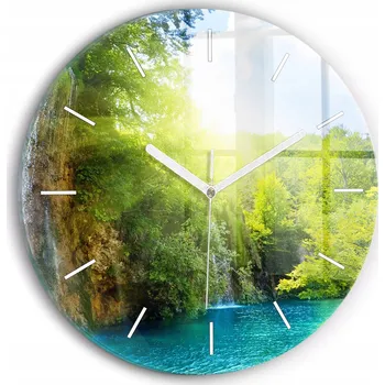 Hodiny Moderní skleněné hodiny s grafikou na zeď Krajina laguny kulatý průměr 30 cm