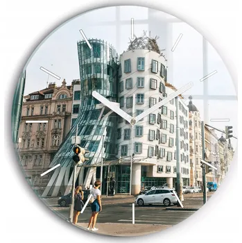 Hodiny Moderní skleněné nástěnné hodiny Tančící dům Praha kulatý průměr 30 cm