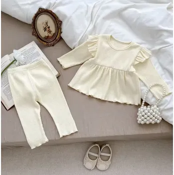 Kojenecká souprava 2-dílná dívčí souprava s volánky topík a legínky (6 měsíců-4 roky) Barva: milk white, Velikost: 80 (12–18 měsíců)​