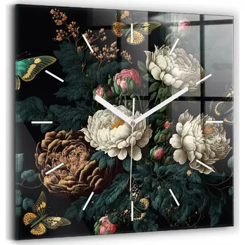 Hodiny Skleněné hodiny s potiskem Ozdobné nástěnné Květina a zlatí motýli