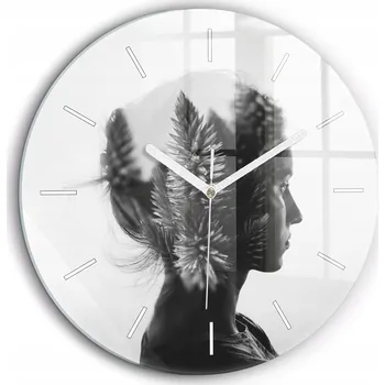 Hodiny Tiché skleněné nástěnné hodiny Portrét ženy kulatý bílé ručičky průměr 60 cm