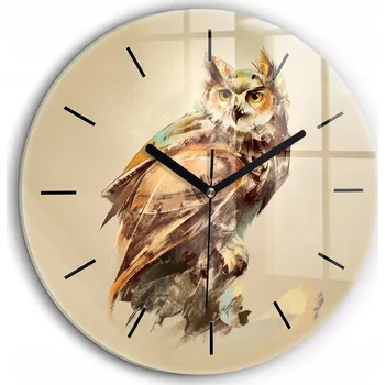Hodiny Skleněné nástěnné hodiny Sova – symbol moudrosti černé ručičky kulatý průměr 60 cm