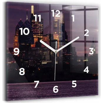 Hodiny Skleněné nástěnné hodiny Panorama města Philadelphia 30x30 cm