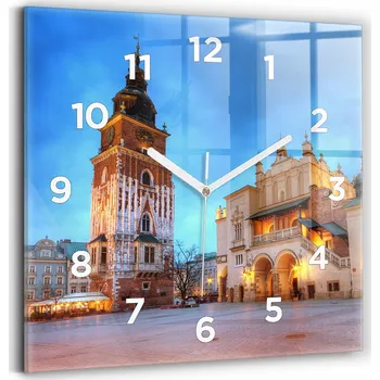 Hodiny Skleněné nástěnné hodiny do obýváku s motivem Hlavního náměstí v Krakově 30x30 cm