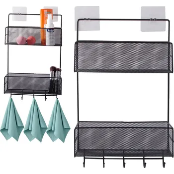 Drátěná police VERK GROUP Černá závěsná nástěnná police CY-0172 – praktické úložné řešení s přihrádkami a háčky pro ručníky