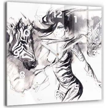 Hodiny Velké tvrzené skleněné nástěnné hodiny - Žena a zebry