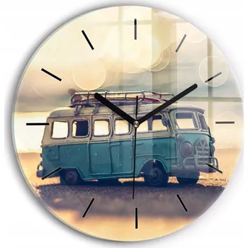 Hodiny Nástěnné Kulatý Skleněné Hodiny se Stylovým Potiskem - Karavan na pláži, průměr 30 cm