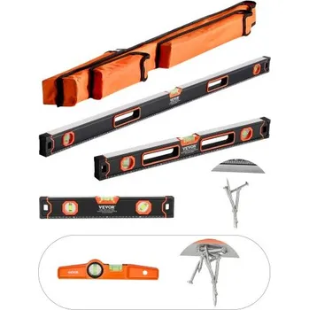 Vodováha VEVOR 4dílná torpédová vodováha, sada krabičkových vodováh 48/24/16/10 palců, fluorescenční osvětlovací bublinkové pravítko pro 45/90/180 stupňů, magnetický nivelační nástroj z hliníkové slitiny, nárazuvzdorný (magnetický pouze 10 palců)