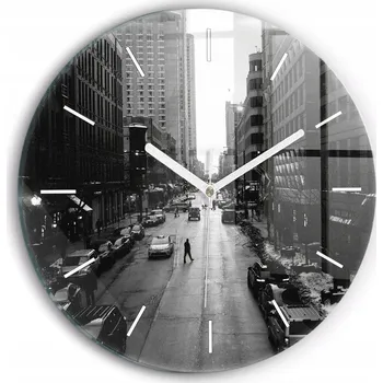 Hodiny Moderní skleněné nástěnné hodiny s potiskem Ulice města Chicago průměr 30 cm